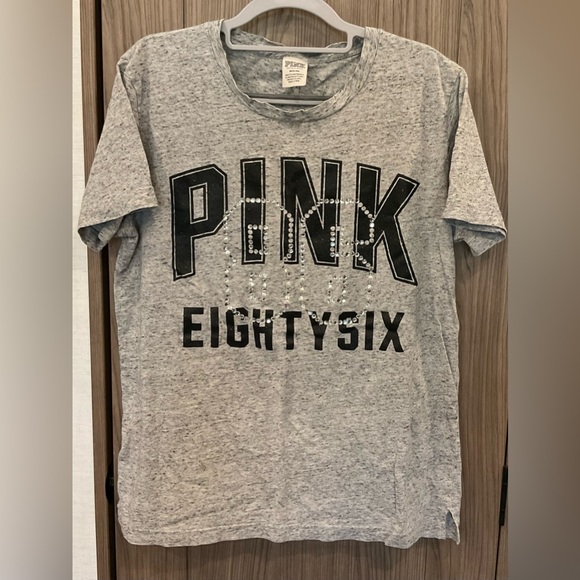 Pink Victorias Secret Gray Short Sleeve 86 Tee Size M Missing Some Stones - Picture 1 of 8